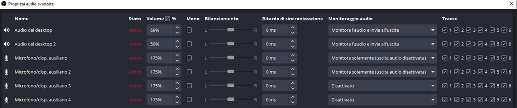 OBS registra fino a sei tracce audio